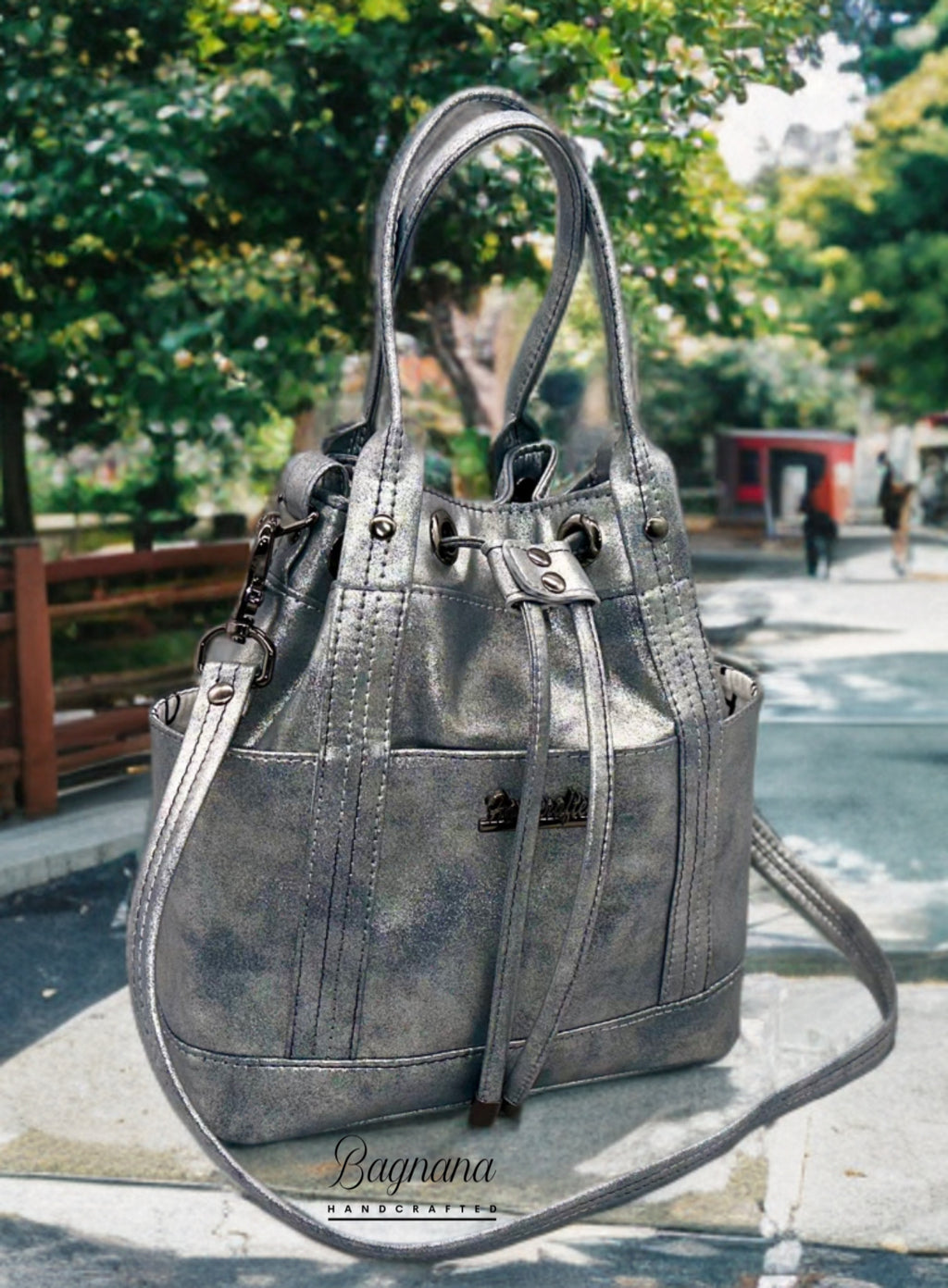 The Distressed Gray Shimmer Bucket Bag